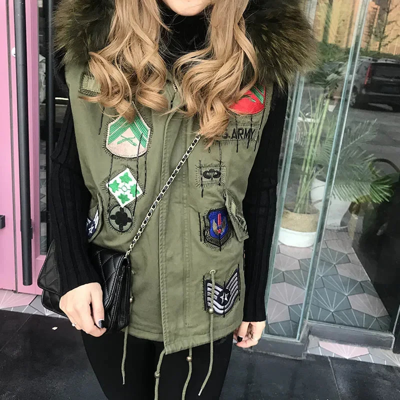 Women's Fur Faux Fur Maomaokong Women's Winter Jacket With Natural Fur Collar Fur Coat Female Fashion Embroidery Real Fur Collar Vest Parka 
