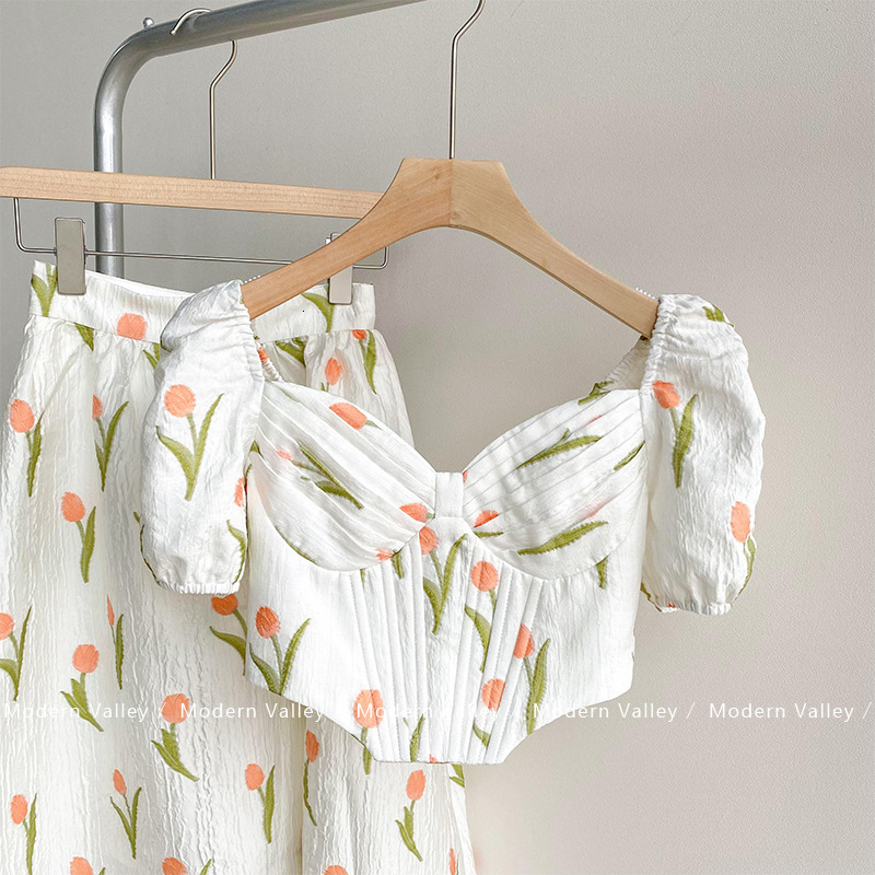 Camisoles Tanks Fashion Floral Print Camisole Women Sexy Backless Cropped Top Tank Tops High Waist A-Line Skirt OL Sets Spring Summer 230421