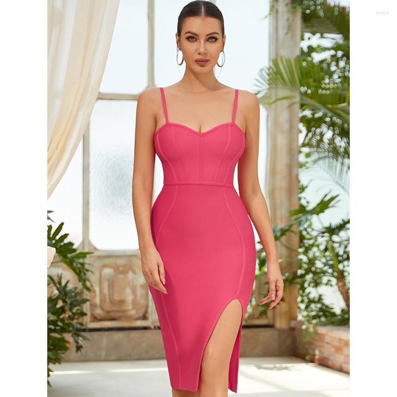 New Casual Dresses High Quality Women Pink Spaghetti Strap Open Leg Knee Length Elastic Bandage Dress Street Evening Club Party