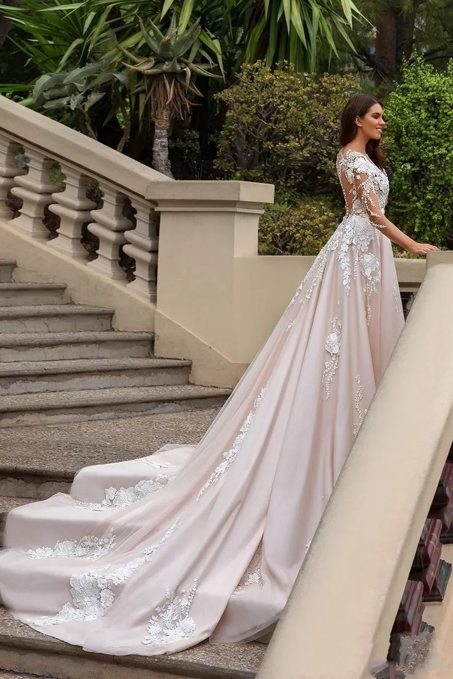 Dress Wedding Bridal Gowns Sheer Long Sleeves V Neck Embellished Lace Embroidered Romantic Princess Blush A E Beach Plus Size