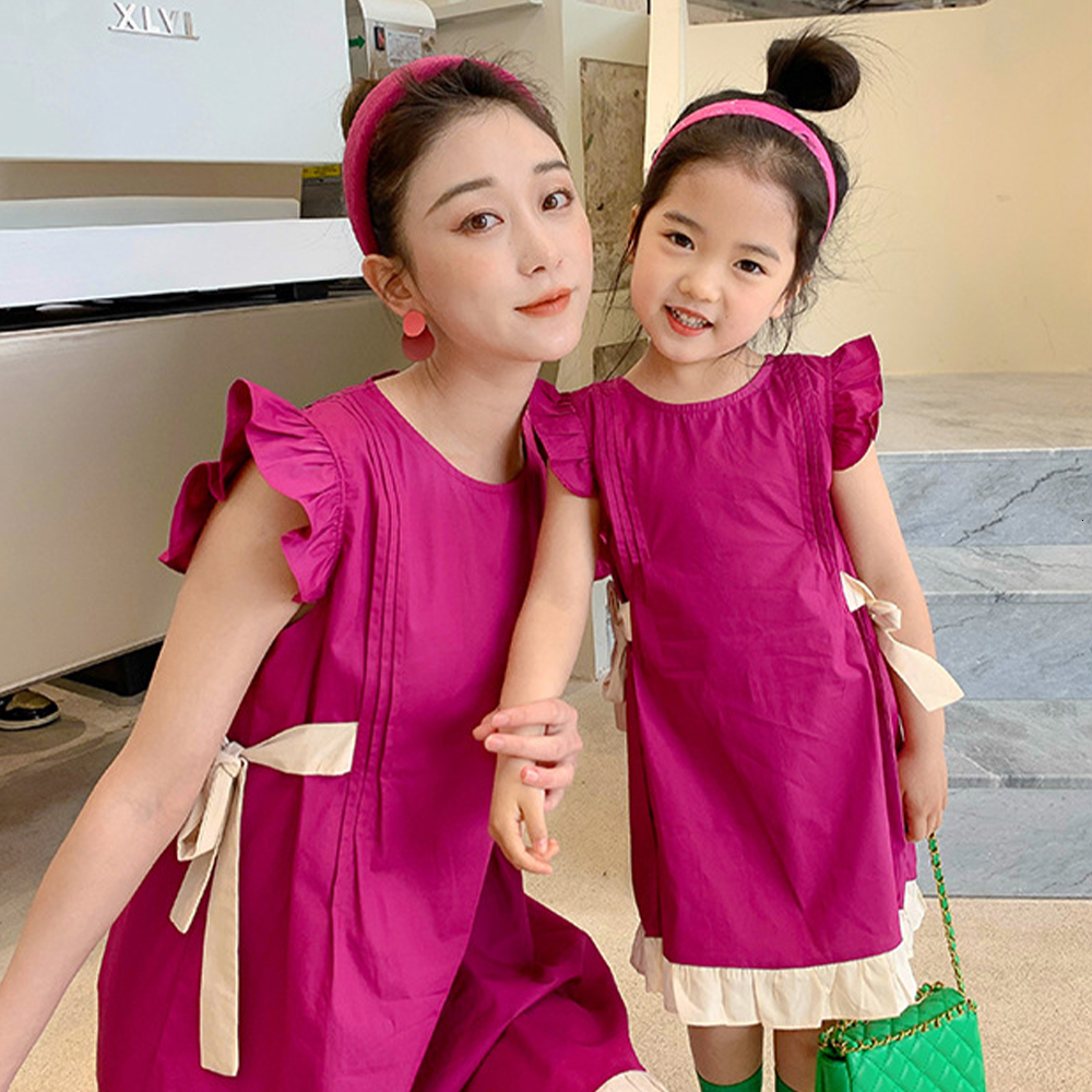 Family Matching Outfits Melario Summer Parent-Child Dress Girl Baby Dragon Fruit Color Matching Dress Mother and Daughter Flying Sleeve Girls Dresses 