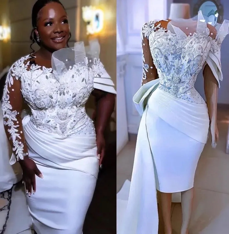 Long Arabic Sleeves Prom Dresses Bridal Gown Lace Applique Beaded Knee Length Designer Jewel Neck Ruffles Custom Made Vestidos De Novia Plus Size