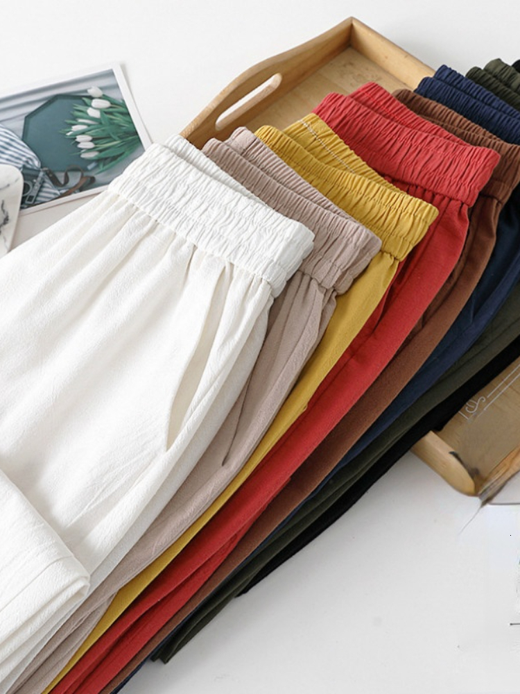 Women's Pants Capris Spring Summer Casual Cotton Linen Pants Women Elastic Waist Solid Pockets Retro Loose Women's Harem Pants Trousers Bott