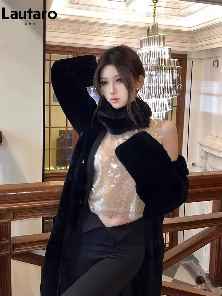 Women's Fur Faux Lautaro Autumn Winter Long Black Warm Thick Soft Mink Coat Women Double Breasted Loose Casual Chic Fluffy Overcoat 2023 231120