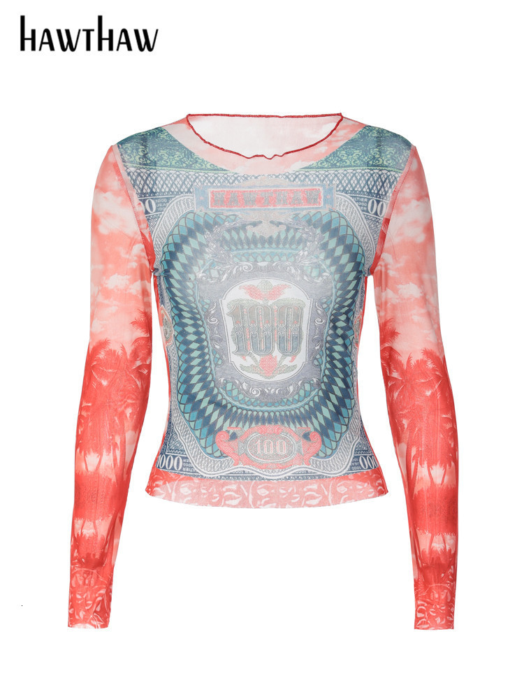 Womens TShirt Hawthaw Women Long Sleeve Graphic Mesh See Through Streetwear T Shirts Tops Tee Autumn Clothes Wholesale Items For Business 230420