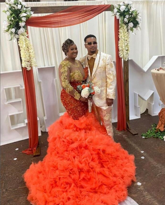 Orange Sparkly African Wedding Dresses with Remove Skirt Luxury Crystal Applique Mermaid Bridal Reception Gown vestidos de novia