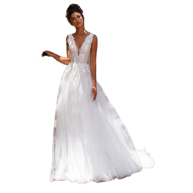 2024 Sexy Backless Boho Wedding Dress V Neck Lace Appliques Long Tulle A Line Bridal Gowns Sleeveless Summer Beach Bride Dresses