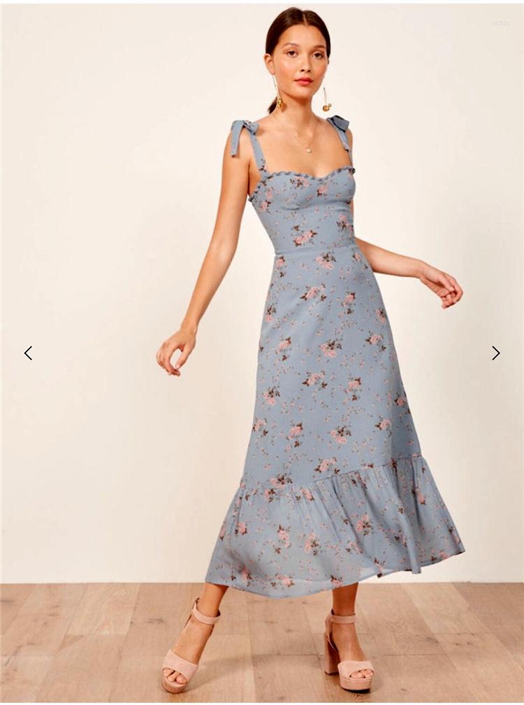 New Casual Dresses Summer 2024 Women Spaghetti Strap Chiffon Dress Runway European Bohemian Floral Printed Midi Ruffles