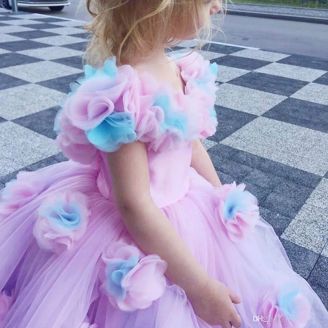 3D Foral Appliques Cute Flower Girls Dresses For Child 2023 Colorful Toddler Kids Brithday Party Gowns V-neck Sleeveless Princess First Communion Dres