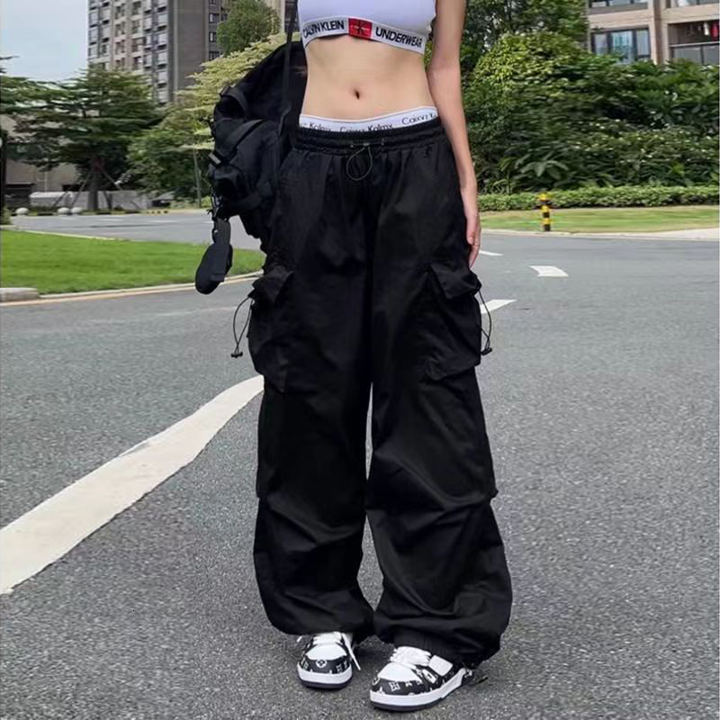 Women's Pants Capris Summer Parachute Black Pants Women Hippie Streetwear Oversize Pockets Cargo Trousers Harajuku Wide Leg Baggy Sweatpants Wome