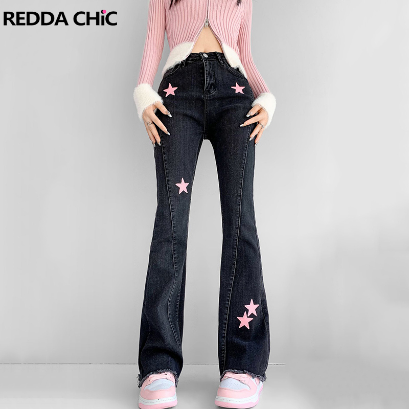 Women's Jeans REDDACHiC Goth Pink Star Flared Jeans Acubi Fashion Pants Grunge Y2k Stretchy Ladies Trousers Grayu Fashion Harajuku Streetwear 230