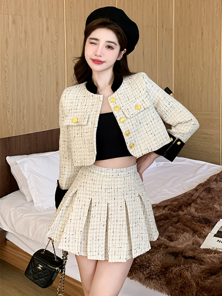 Two Piece Dress British style Patchwork Tweed Short Jacket Women's Two Piece Sets Outfits Female Y2k Retro High Waist Pleated Skirt 2 Piece Set 2