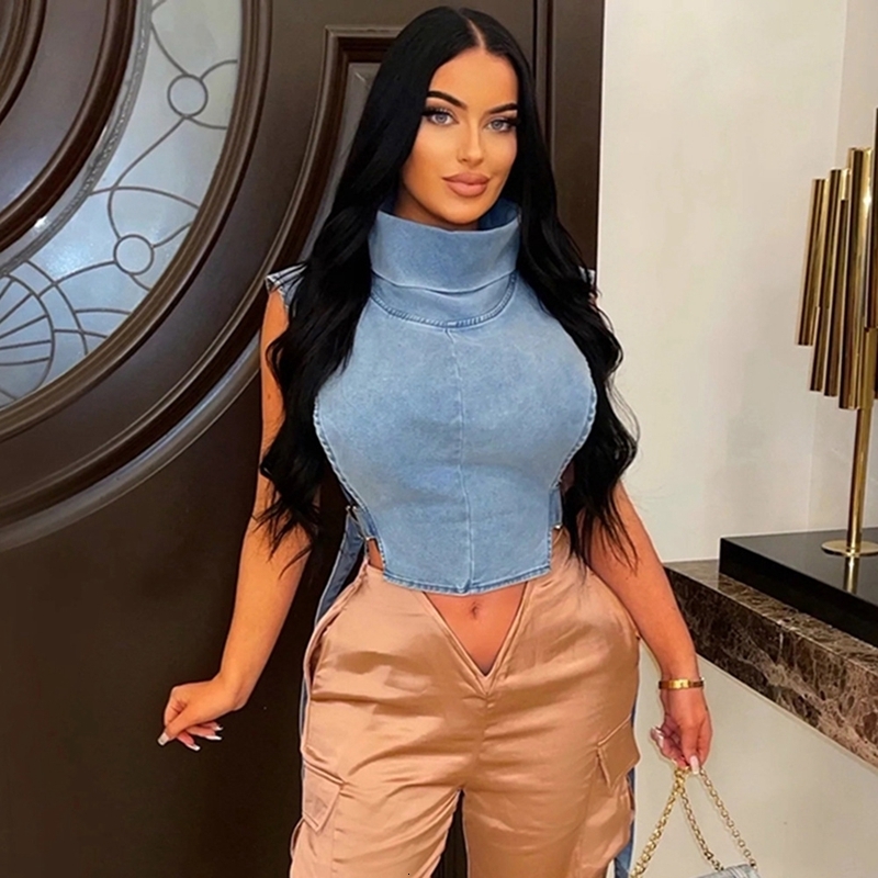 Womens TShirt Crop Top Denim Vest Sleeveless Buckle Side Hollow Out Korean Style Turtleneck Jeans Tank Streetwear y2k Clothes 230420