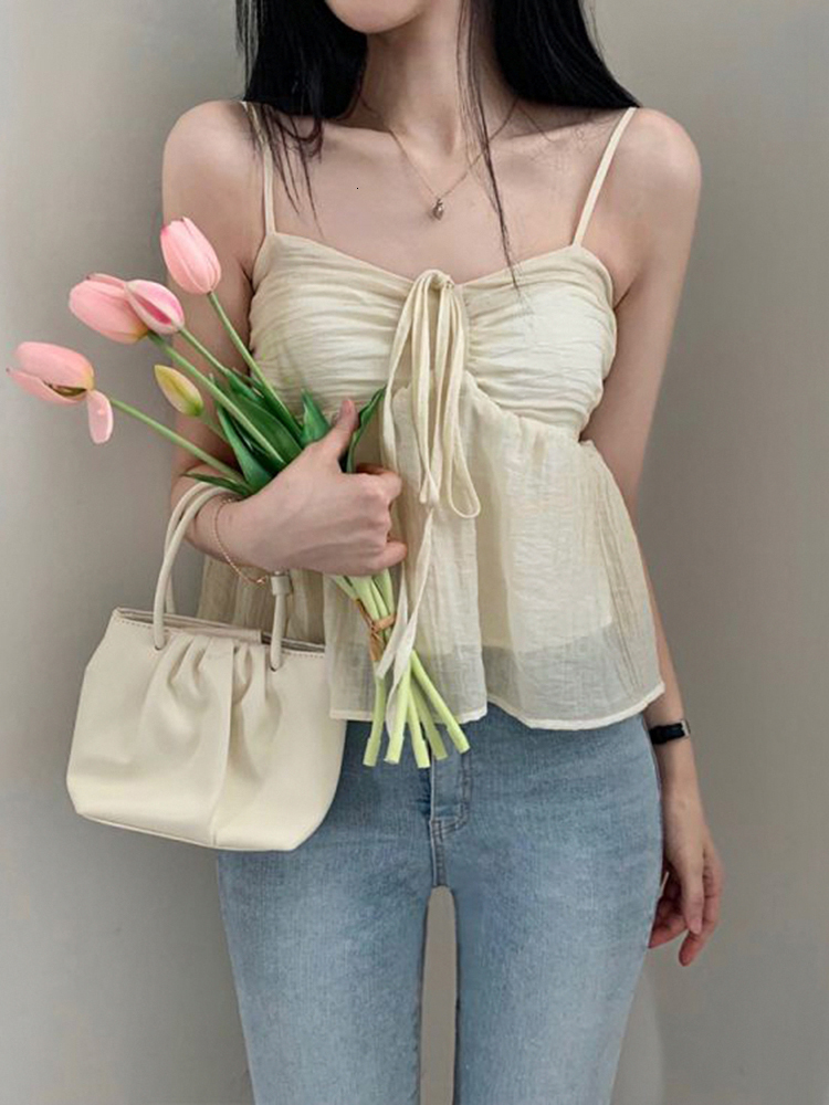 Womens TShirt IAMTY Korean Style Sweet Fluffy Camis Aline Laceup Double Layers Crop Top Y2K Aesthetic Tank Tops Holiday Cute Vest Women 230420