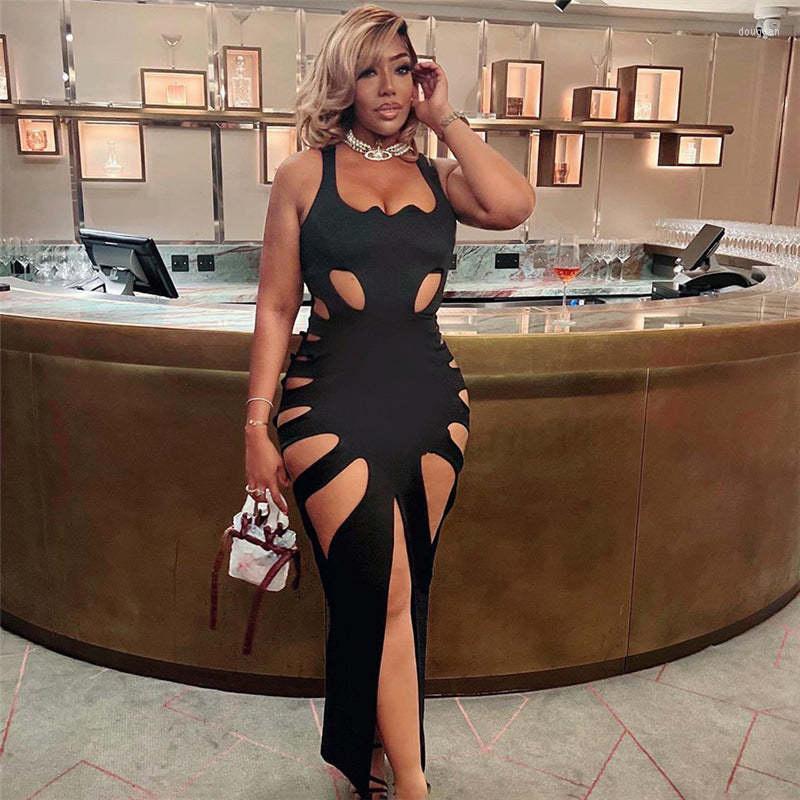 New Casual Dresses Sexy Black Hollow Out Bandage For Women 2024 Party Night Club Long Elegant Celebrity Prom Bodycon Maxi Dress