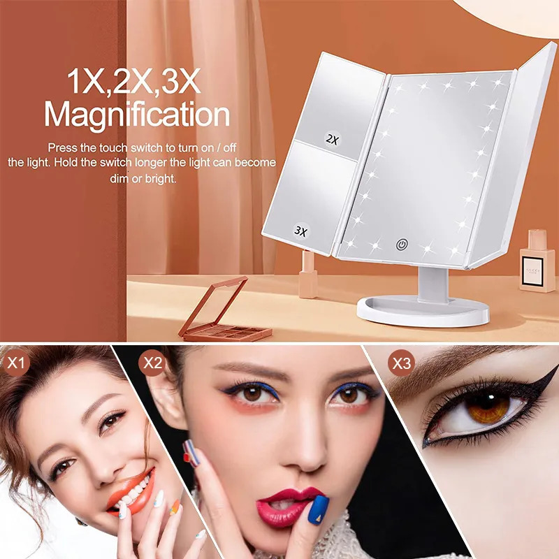 Compact Mirrors 72 LED Light Vanity Mirror 1/2/3X Magnifying Cosmetic 3 Folding Makeup Mirrors 270 Rotation Stepless Dimmer Beauty Table Mirrors 23112