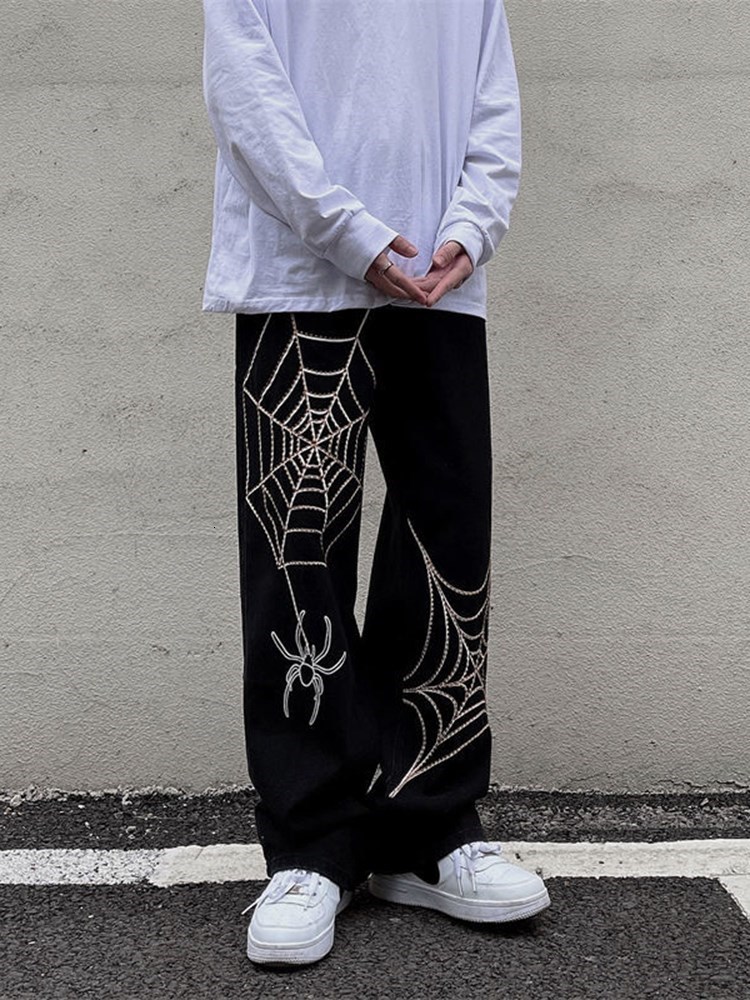 Women's Pants Capris Grunge Punk spider web print Black Women's pants goth Streetwear Oversize Wide Leg Trousers 90s Vintage y2k clothes car