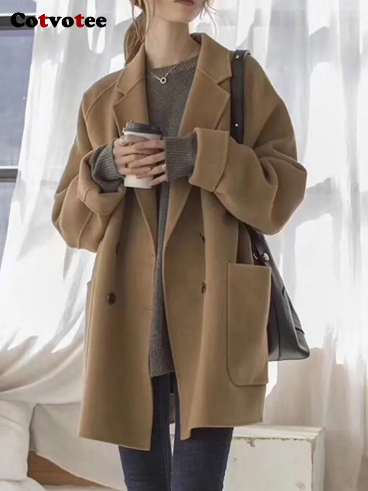 Women's Wool Blends Cotvotee Coat for Women Fashion Vintage Office Lady Loose Pockets Turn Down Collar Double Breasted Casual 231120