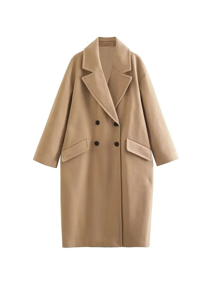 Women's Wool Blends Nlzgmsj TRAF Women Autumn Winter Thick Long Coats Vintage V Neck Sleeve Pockets Jackets 2023 Elegant Female 231120