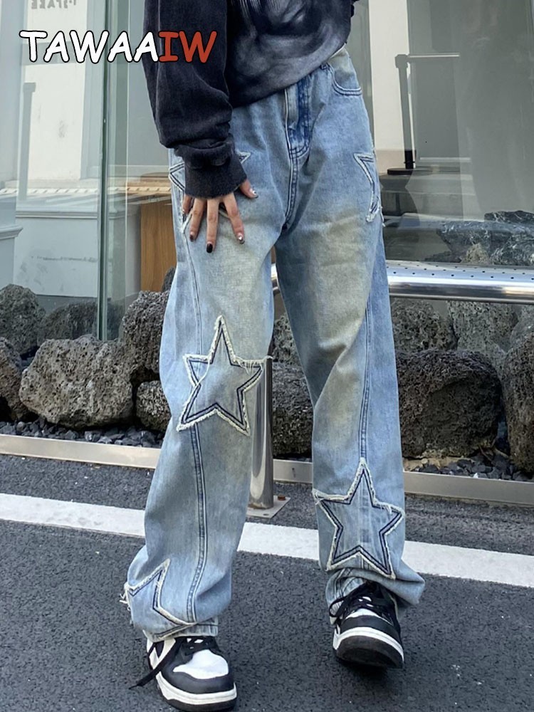 Women's Jeans Tawaaiw American Retro Pentagram Straight Women Jeans Femme Blue Denim Trousers Autumn Spring Boyfriend Jeans For Women Y2k 230421