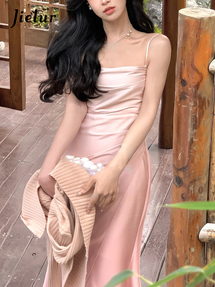 Casual Dresses Jielur Summer Sleeveless Strap Midi Dress Office Lady Elegant Sweet Korean Fashion Even Beach Party Dresses Women 230420
