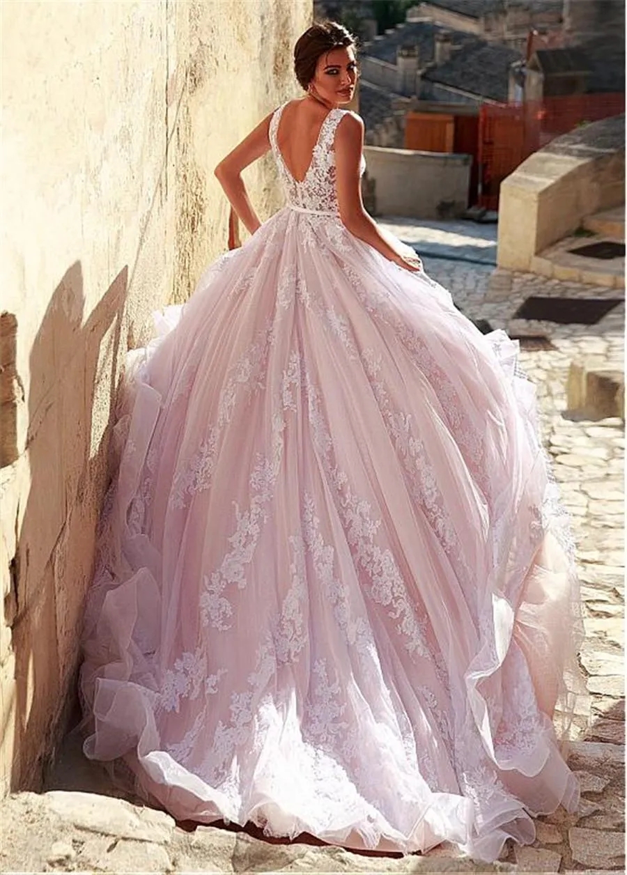 Blush Pink Wedding Dresses Straps Tulle Lace Applique Sweep Train Plus Size Wedding Bridal Ball Gown Vestido de novia
