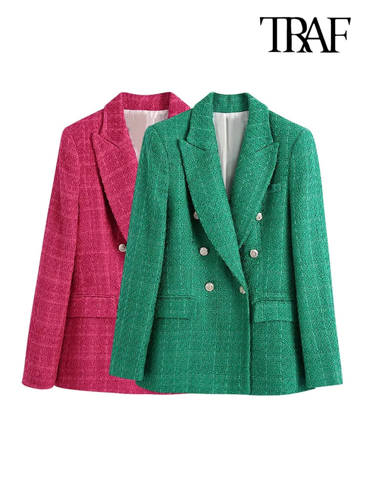 Women's Suits Blazers TRAF Women Fashion Double Breasted Tweed Green Blazer Coat Vintage Long Sleeve Flap Pockets Female Outerwear Chic Veste 231