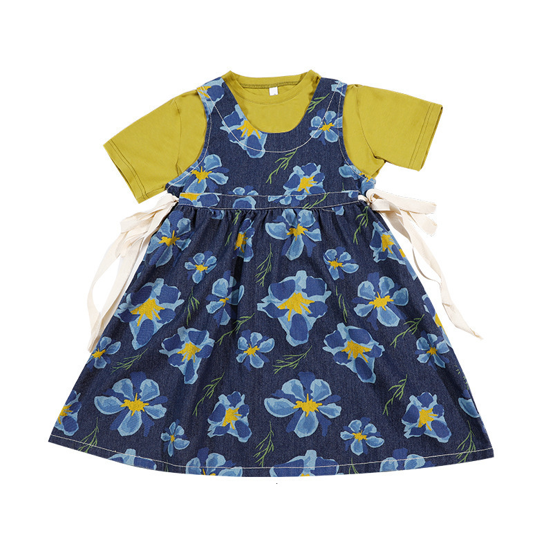 Family Matching Outfits Summer Mother 2-12 Years Daughter Mom Kids Girls Women Family Matching Outfits Short Sleeve T-shirtFlower Denim Vest Dress Set