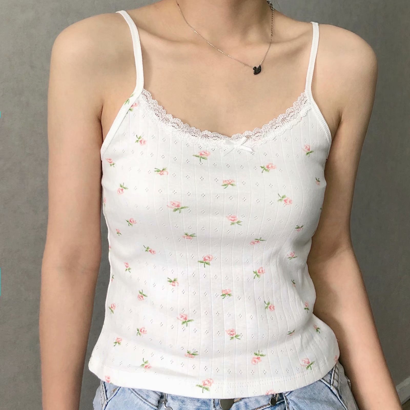 Camisoles Tanks Sweet Women Soft Cotton O Neck Sling Summer Fashion Ladies High Street Sexy Sling Female Printed Lace Short Sling Top 230421