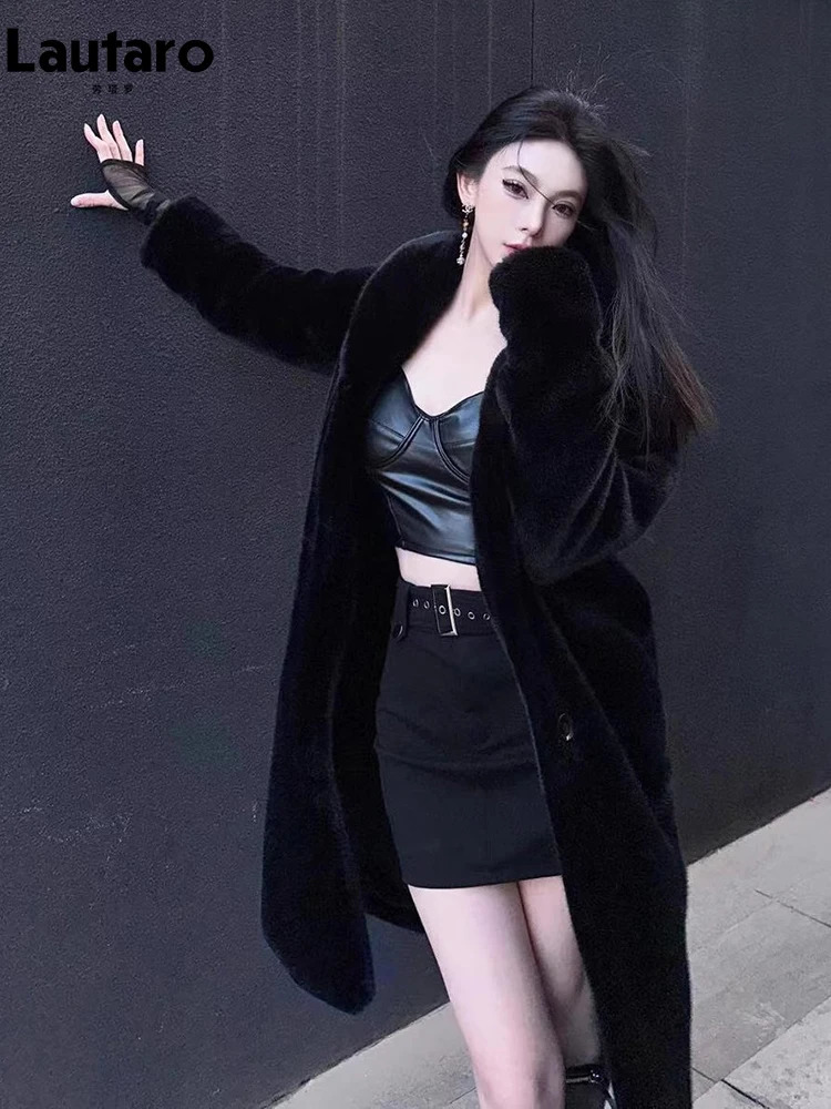 Women's Fur Faux Lautaro Autumn Winter Long Black Warm Thick Soft Mink Coat Women Double Breasted Loose Casual Chic Fluffy Overcoat 2023 231120