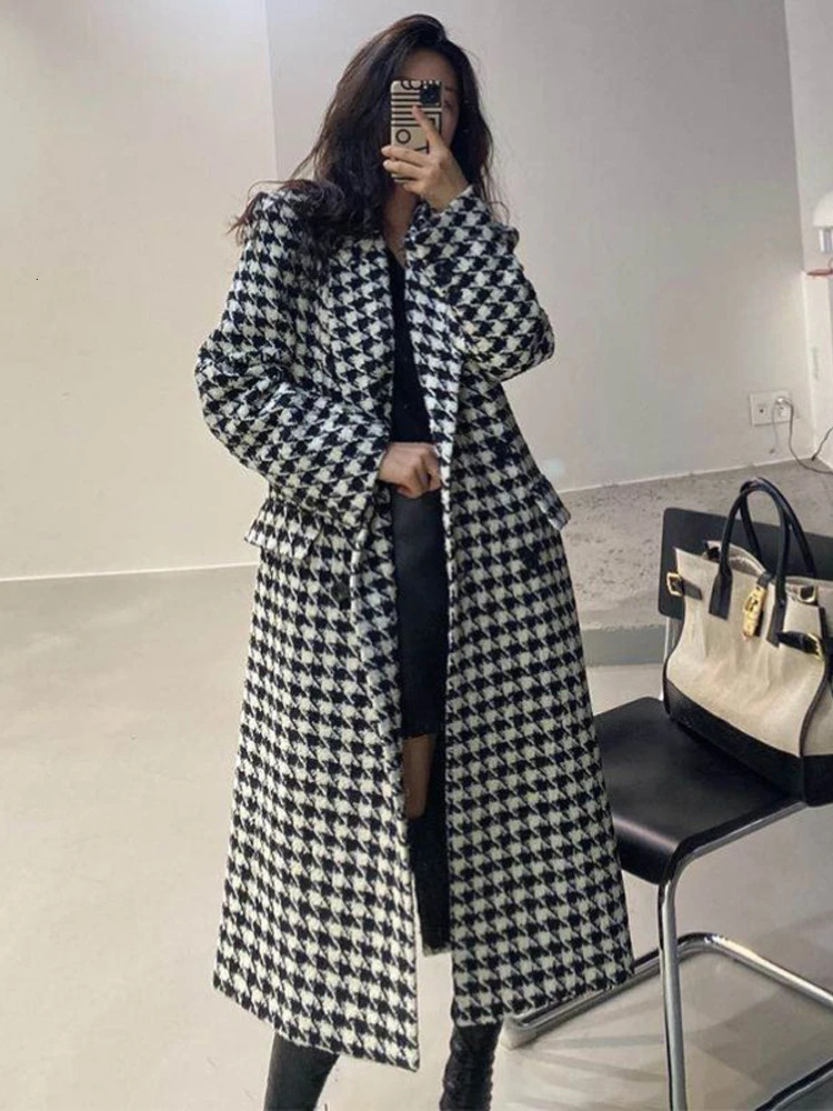 Women's Wool Blends Houndstooth Coat Women Vintage Faux Overcoat Female Autumn Winter Thick Warm Jacket Ladies Korean Fashion Long Blend Coats 23