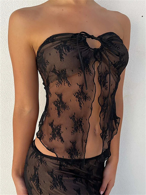 Womens TShirt CHRONSTYLE Lace Bustiers Corsets Strapless Off Shoulder Tube Tops Party Clubwear Mesh See Through Tank Summer Mini Vest 230420