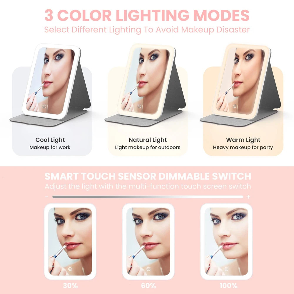 Compact Mirrors Travel Makeup Mirror With LED Light Rechargeable Vanity Mirror Desk Folding Cosmetic Mirror 3 Color LED Mirror Light For Makeup 231120