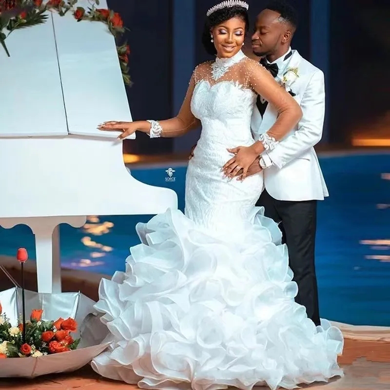 Mermaid African Wedding Dress High Neck Long Sleeves Pearls Ruffles Tiered Organza Bridal Gowns New Vestidos Novia Robe De Mariage