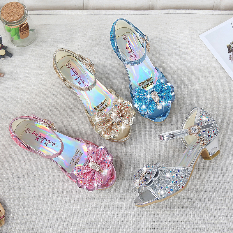 Sandals 5 Colors Children Princess Sandals Kids Girls Wedding Shoes High Heels Dress Shoes Bowtie Gold Pink Blue Silver Shoes For Girls 230421