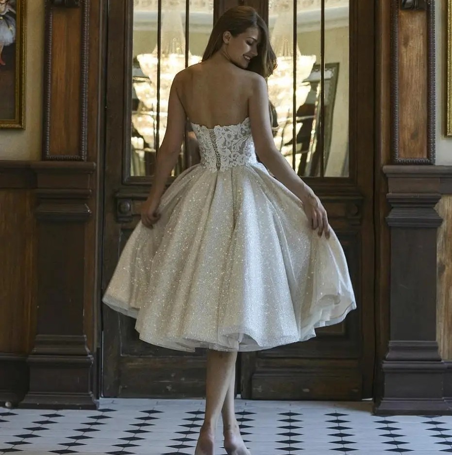 Summer Short Glitter Wedding Dress 2024 Tea-Length Off Shoulder Elegant Women Bridel Party Gowns Lace Applique Shiny Princess Vestidos De Novia