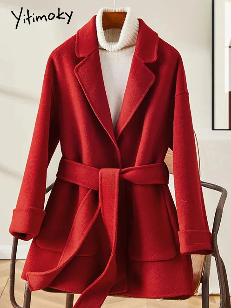 Women's Wool Blends Yitimoky Elegant Solid Jacket for Women Fall Winter 2023 Korean Fashion Oversized Long Sleeve Lace Up Casual Y2k Coats 231120