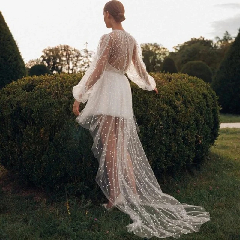 O Neck Long Puff Sleeve Mini Wedding Dress 2024 High/Low Dot Net Tulle Simple Short Trendy Beach Bridal Gowns Eleagnt Vestidos De Novia