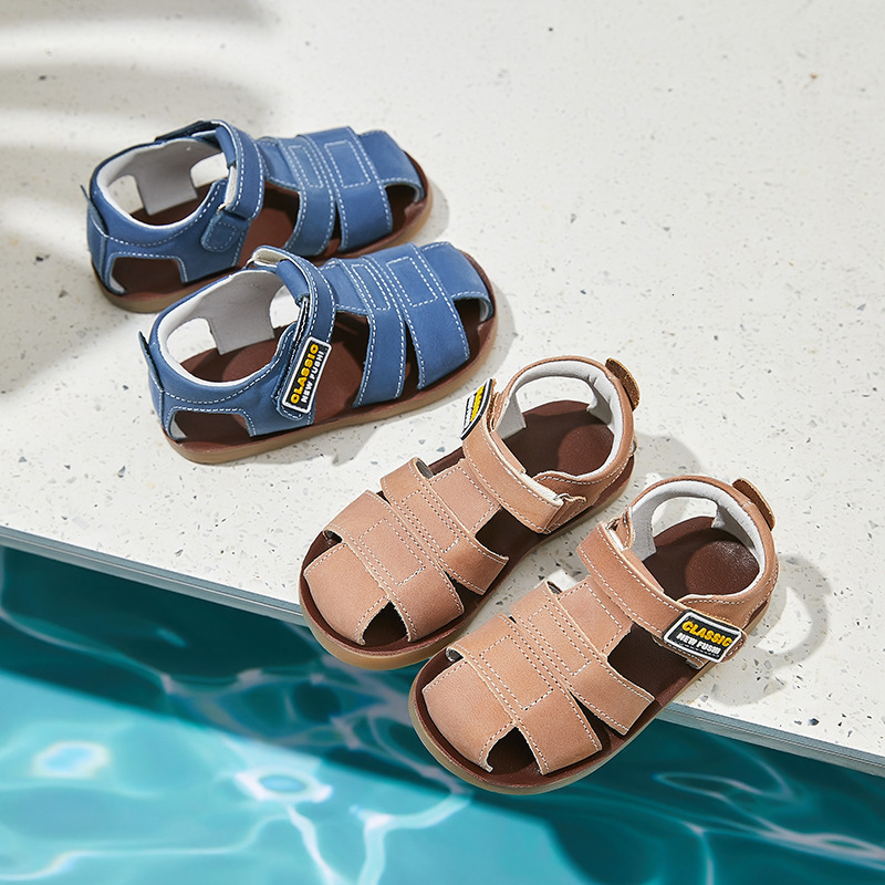 Sandals Children frosted genuine leather beach sandals boys barefoot non-slip sandals with cowhide lining baby soft Navy blue sandals 230421