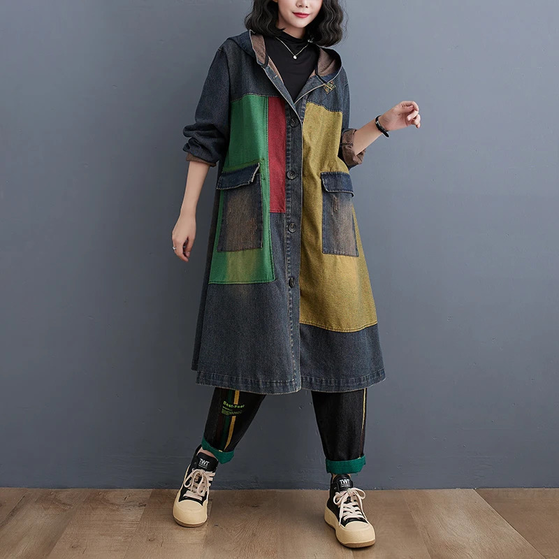 Women's Jackets 7057 Autumn Winter Long Denim Jacket Spliced Color Hooded Jeans Loose Pockets Streetwear Windbreaker Coat 231120