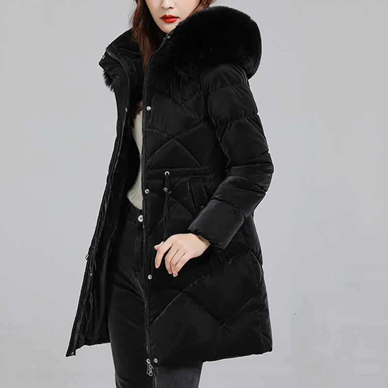 Women's Down Parkas Winter Mid Length Slim Women Casual Simple Solid Hooded Fur Collar Zippre Laceup Female Thicken Warm Coats 231120