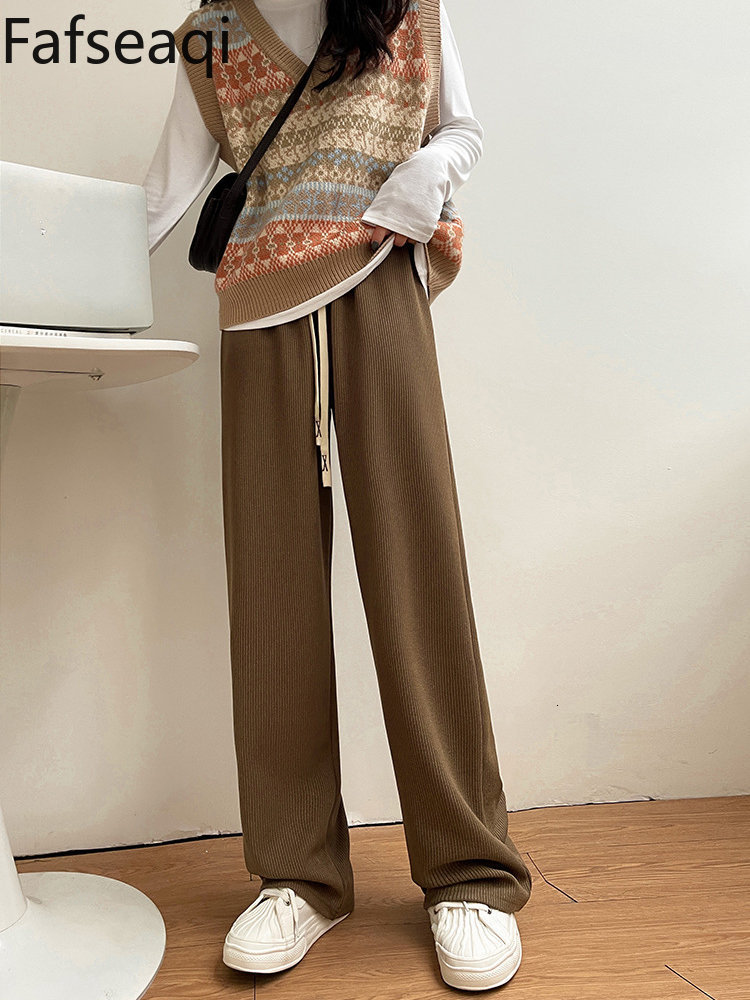 Women's Pants Capris Autumn Floor Length Sports Pants for Women Loose Elastic Waist Wide Leg Trousers Rib Knitted Sweatpants Female Stacked Pants