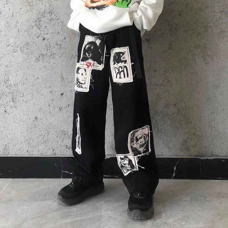 Men's Jeans Korean Fashion Unisex High Waist Hippie Pants Baggy Jeans Trousers Graffiti Comic Stickers Harajuku Straight Wide Leg Y2k Pants J2304