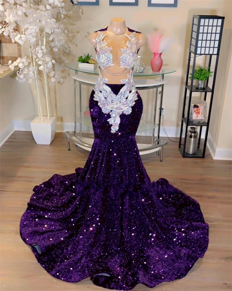 Sheer Grape O Neck Long Prom Dress For Black Girls Sparkly Sequined Birthday Party Dresses Beaded Appliques Evening Gowns