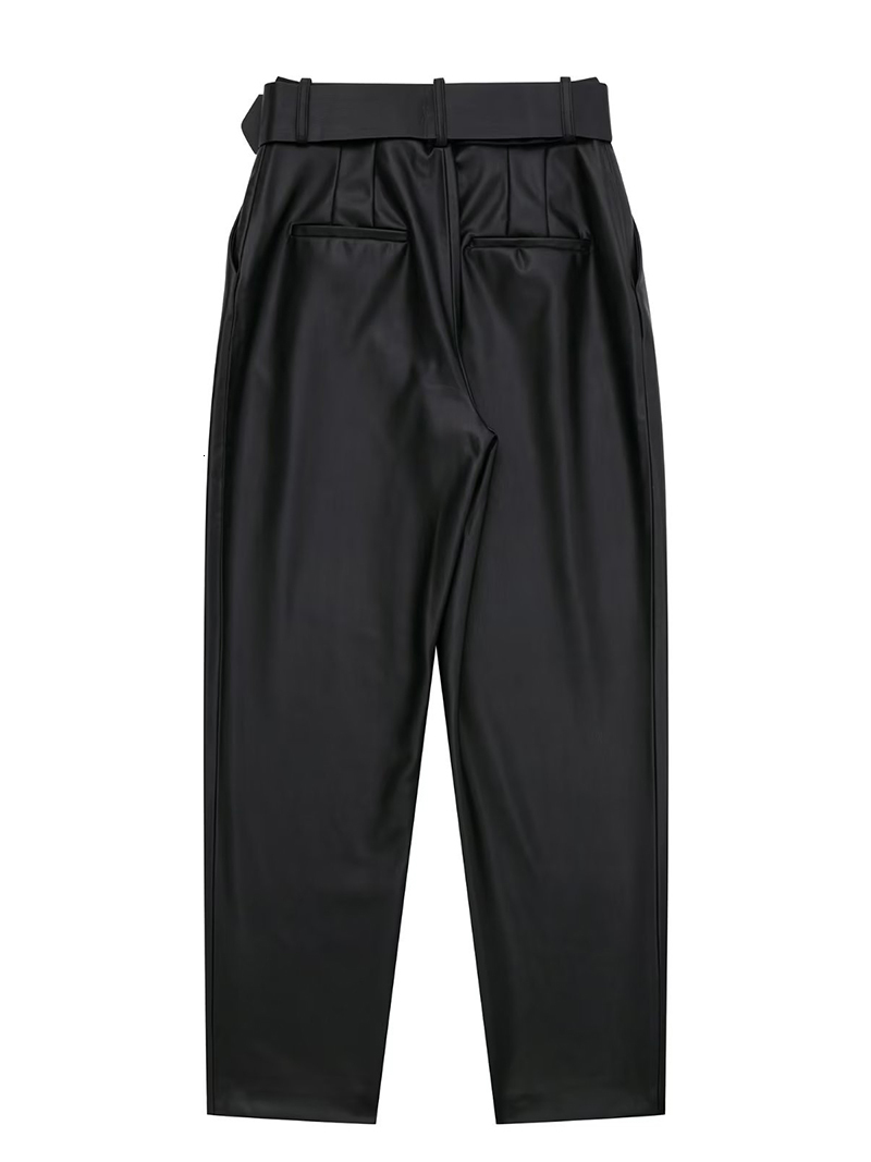 Women's Pants Capris Wixra Women PU Straight Pants With Belt Solid Autumn Winter Thick Warm Faux Leather High Waist Eengland Style Vintage Pants 