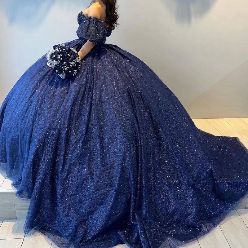 Sexy Sweetheart Navy Blue Shiny Quinceanera Dresses Short Sleeves Beads Vestidos De 15 Anos Court Train Birthday Party Gowns