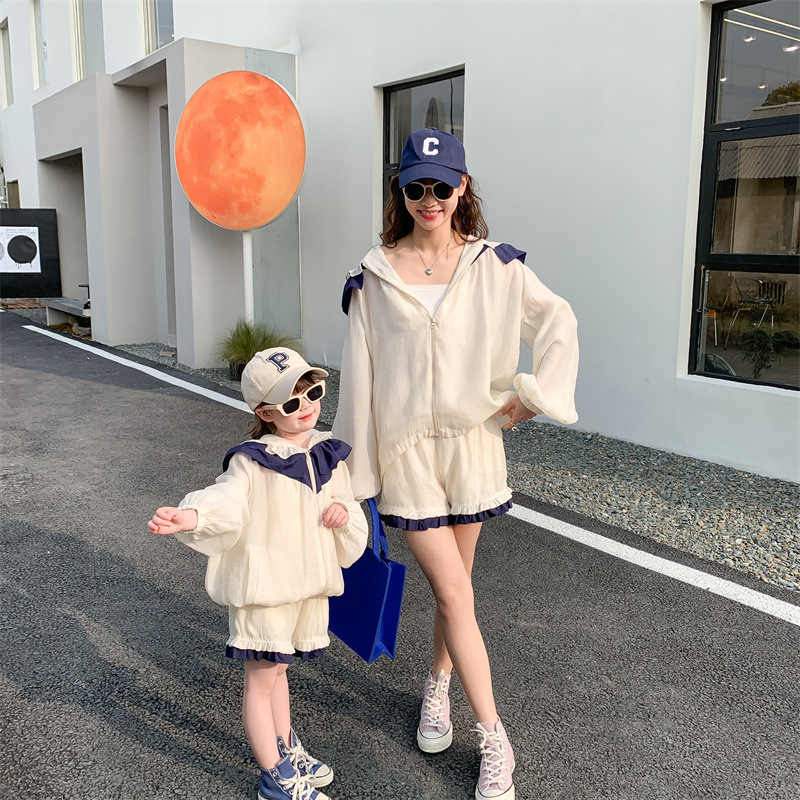 Family Matching Outfits Parent-child wear female and women's summer suit Korean style western style girls' summer hooded cardigan sunscreen 