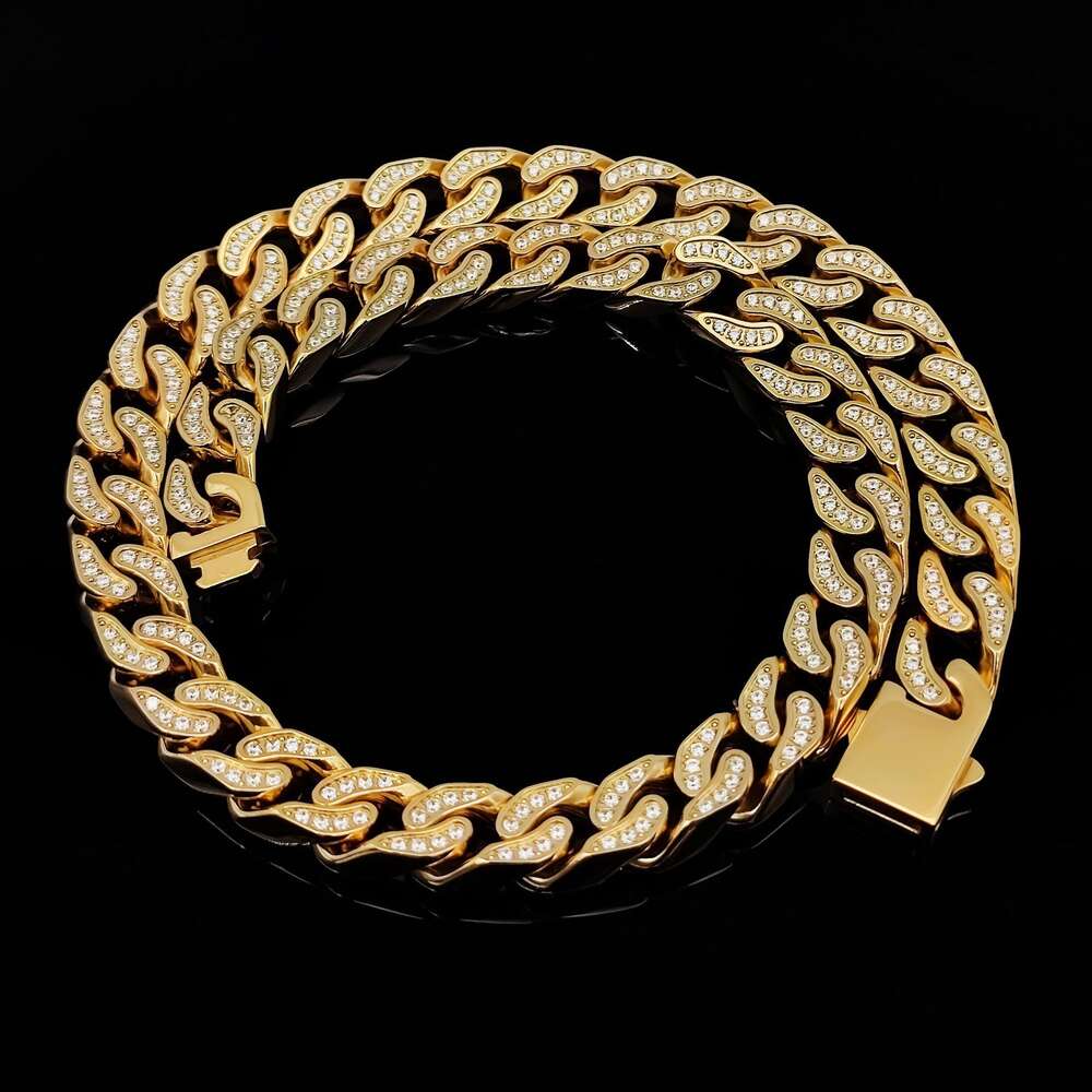 Gold studded Cuban bracelet hip-hop trendy brand full diamond jewelry stainless steel four sided grinding bracelet