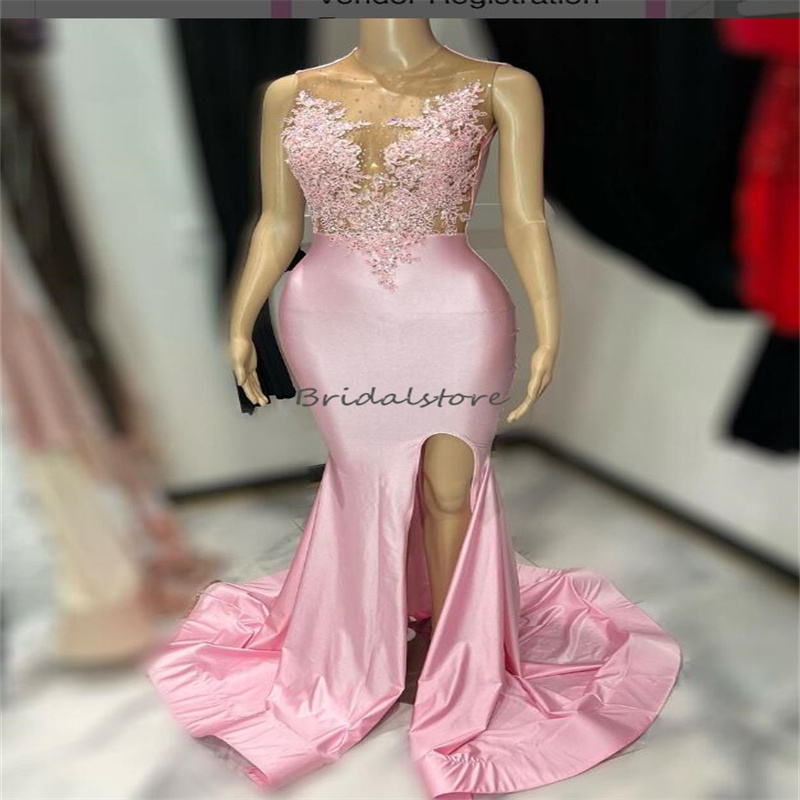 Elegant Pink Prom Dress 2023 For Black Girls Mermaid Satin Beaded Lace Evening Dresses Chic Slit Dance Formal Long Party Gowns vestidos de noche vesti