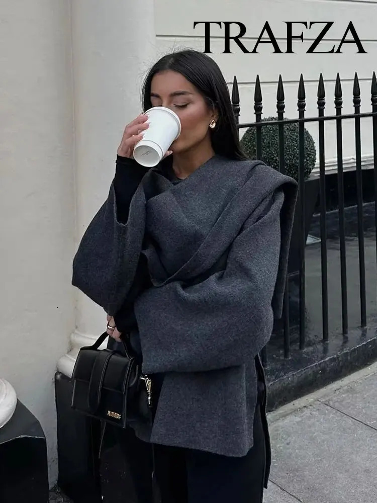 Womens Jackets TRAFZA Winter Fashion Asymmetric Scarf Short Knitted Coat Long Sleeve Single Button Loose Woolen Jacket 231120